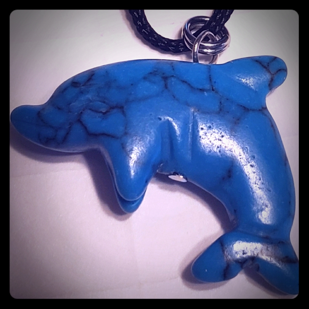Turquoise Dolphin Pendant on Black Cord NEW